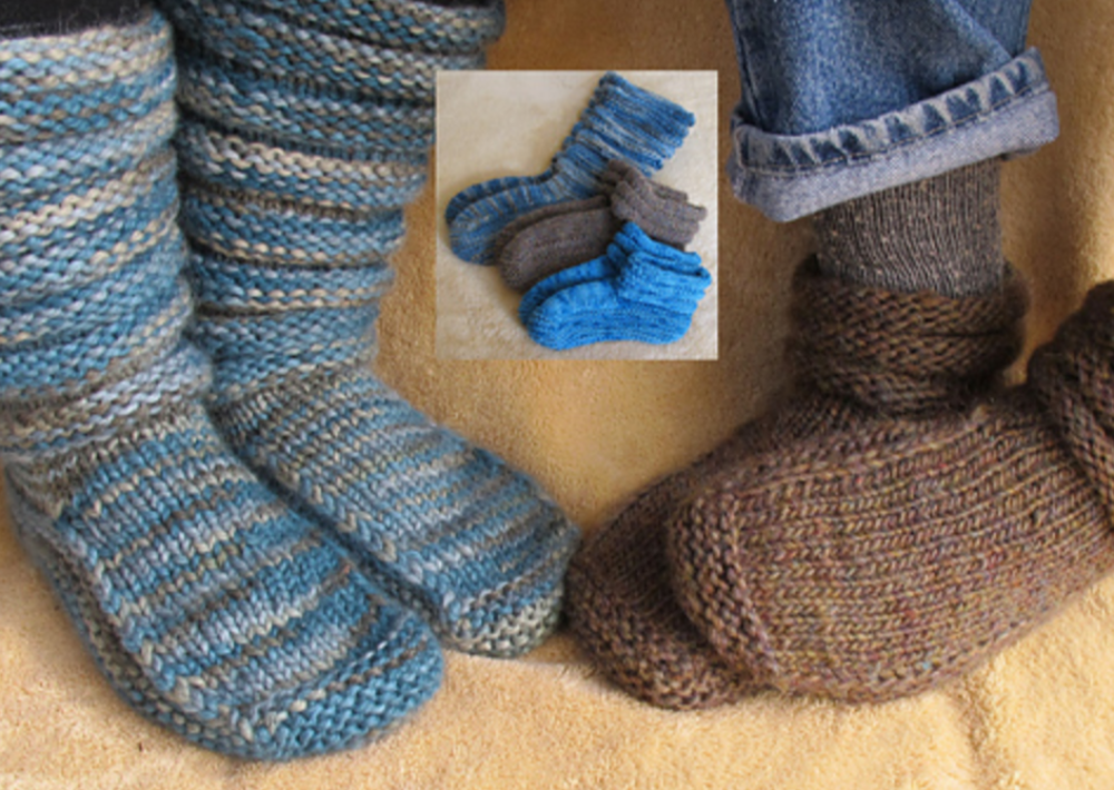 A pair of feet wearing knitted slippers