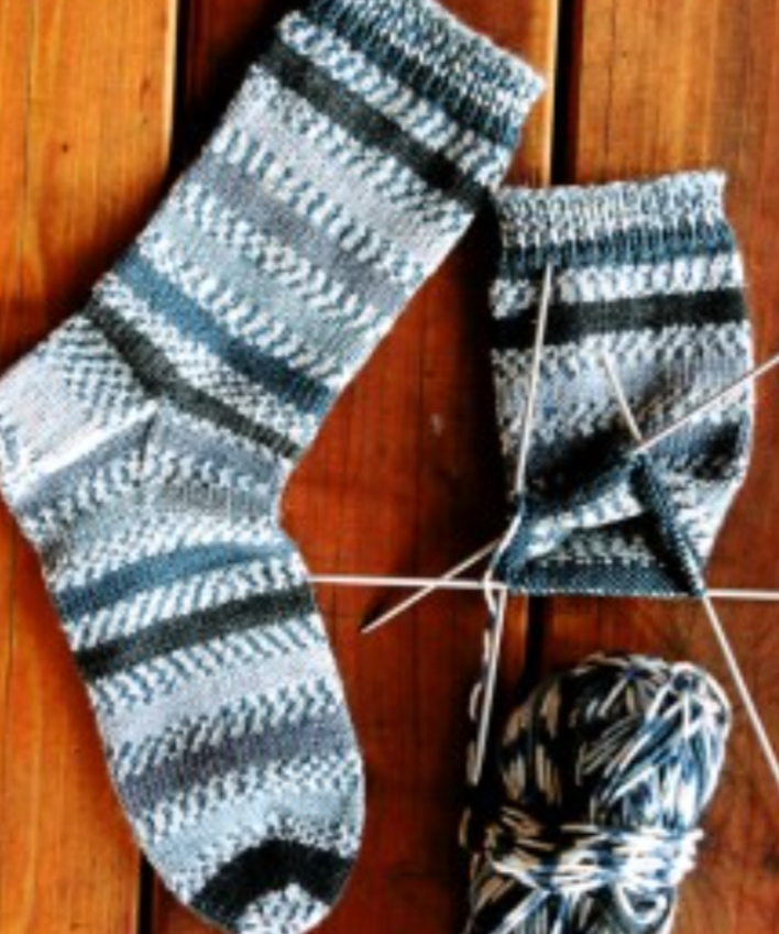 A pair of knitted socks on knitting needles