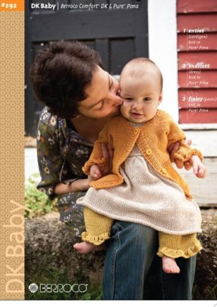 A baby wearing an all knit outfit sitting on their mother's lap