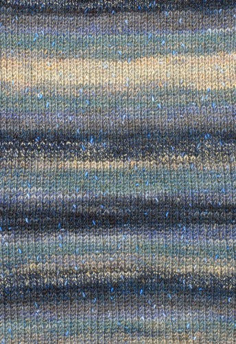 Swatch of Berroco Sesame Yarn Color blue, black, off-white 