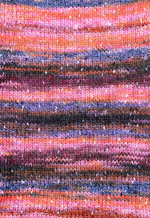 Swatch of Berroco Sesame Yarn Color orange, pink, black, blue