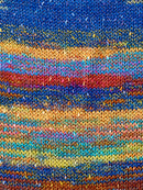 Swatch of Berroco Sesame Yarn Color blue, yellow, red 