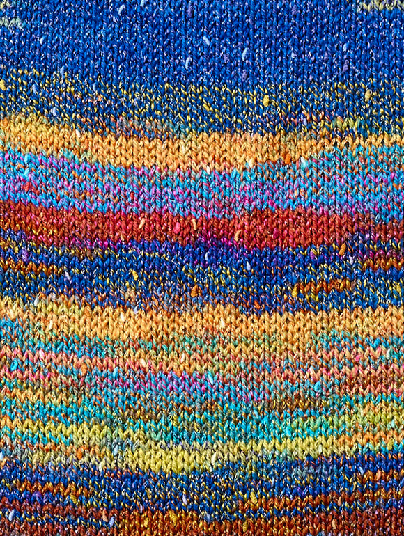 Swatch of Berroco Sesame Yarn Color blue, yellow, red 