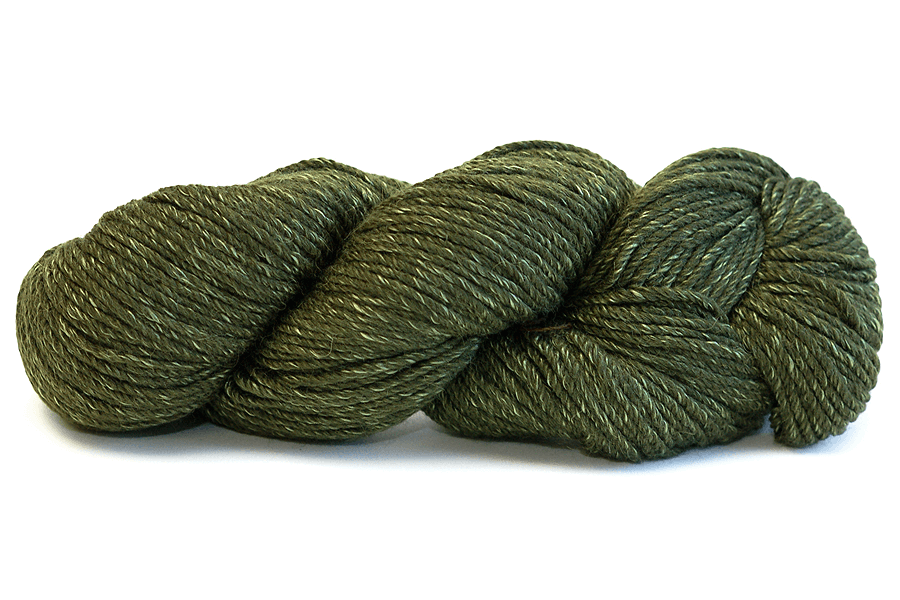 A photo of an olive green hank of Simplinatural yarn.