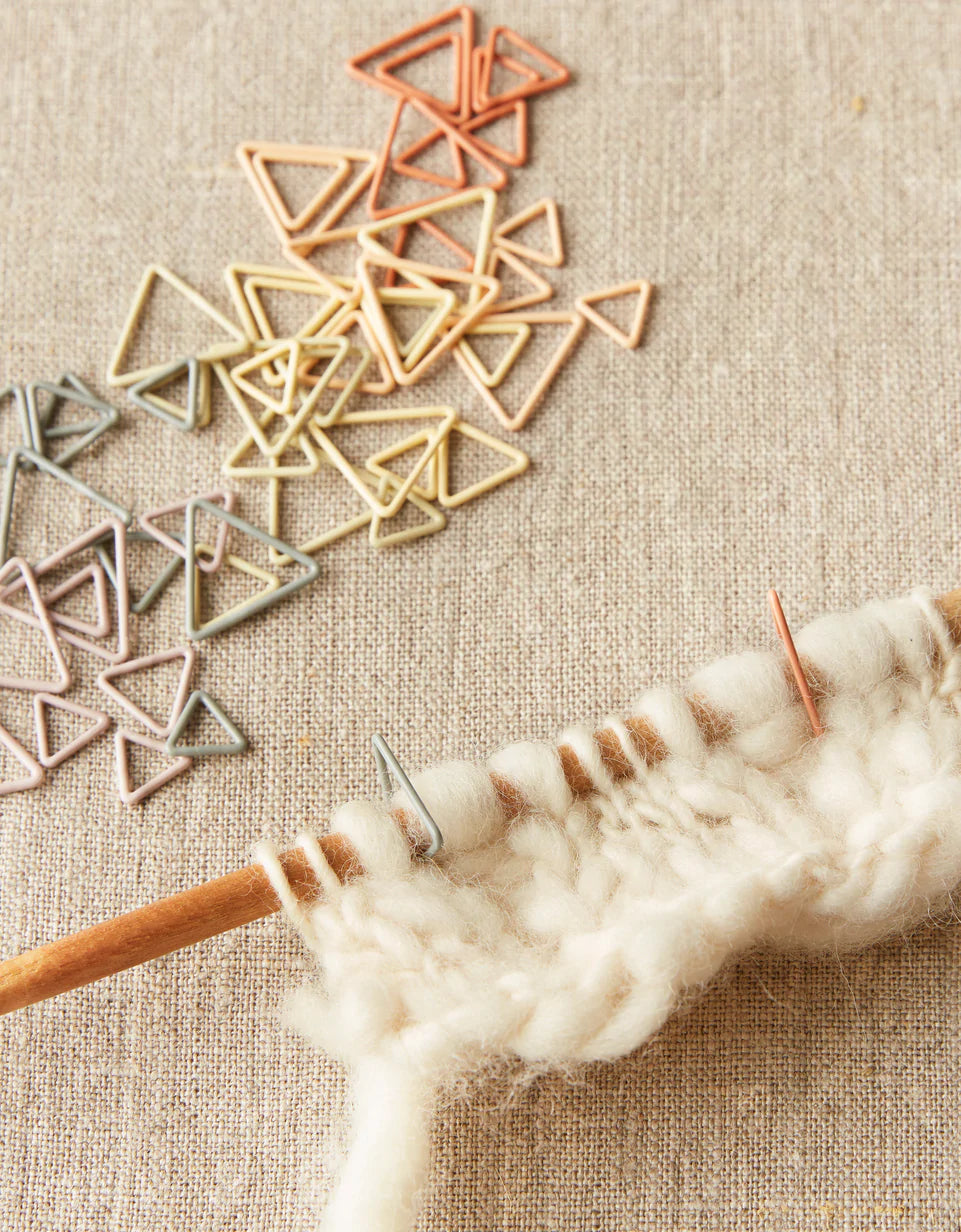 Cocoknits Triangle Stitch Markers - Earth Tones, on linen background and on knitting needles
