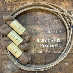 A photo of three hanks of Ula and Lia baby camel yarn in a lasso on a wooden surface