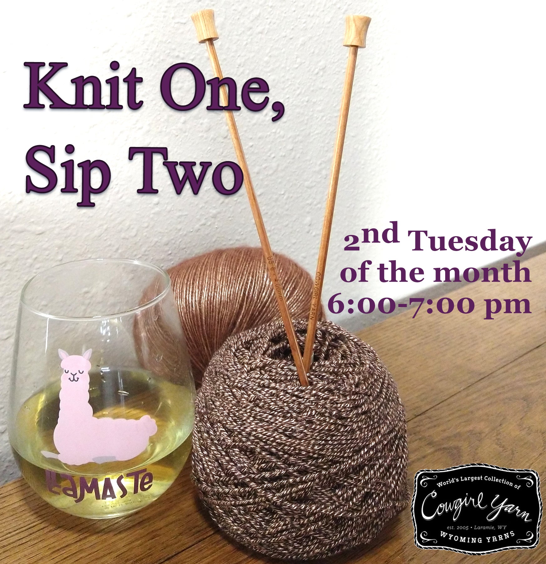Knit One Sip Two graphic with yarn balls and wine graphic