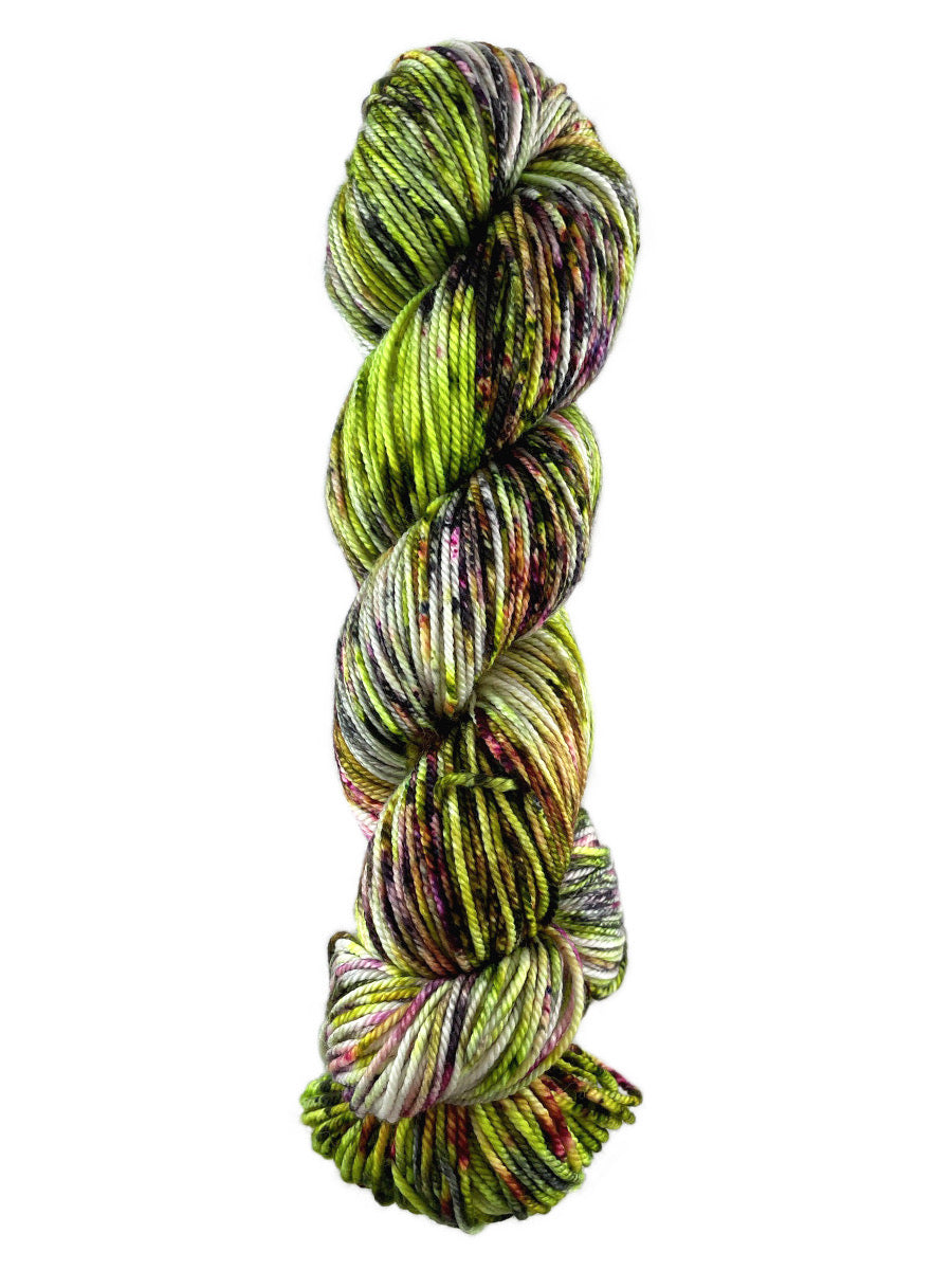 A colorful skein of Western Sky Knits Merino 17 DK yarn