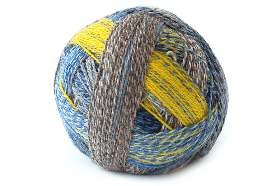 Schoppel Wolle Crazy Zauberball yarn color blue, yellow, and tan