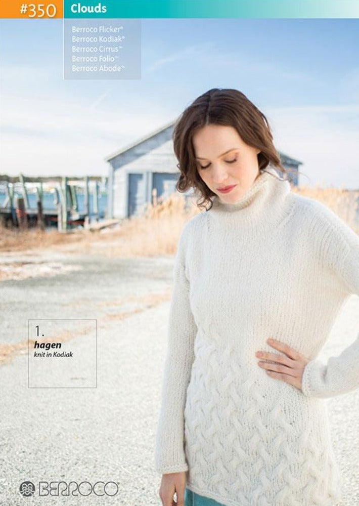 cover of #350 clouds. a woman in a white turtleneck poses on the beach