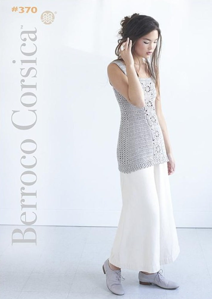 Cover of Berroco Corsica, a woman with a white skirt and knit tank top stares off to the right