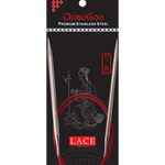 Packaging of ChiaoGoo SS Red Lace Needles showing a pair of circular knitting needles with a red nylon-coated cable and stainless steel tips.