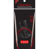 Packaging of ChiaoGoo SS Red Lace Needles showing a pair of circular knitting needles with a red nylon-coated cable and stainless steel tips.