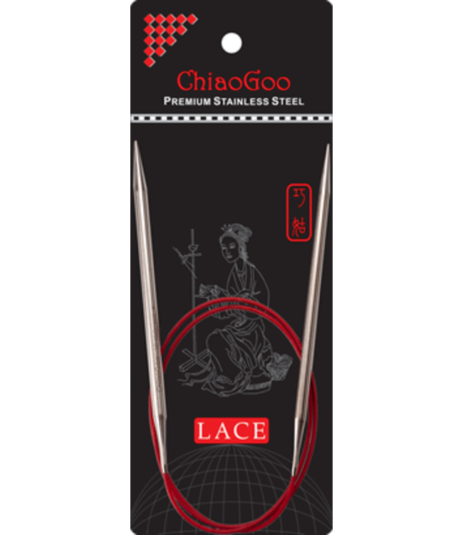 Packaging of ChiaoGoo SS Red Lace Needles showing a pair of circular knitting needles with a red nylon-coated cable and stainless steel tips.