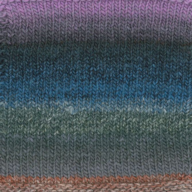 A photo of a green, purple, and blue yarn sample