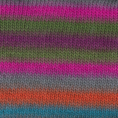 A photo of a gray, pink, and green, and blue yarn sample