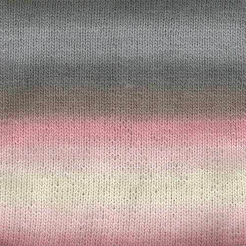 A photo of a gray, pink, and cream yarn sample