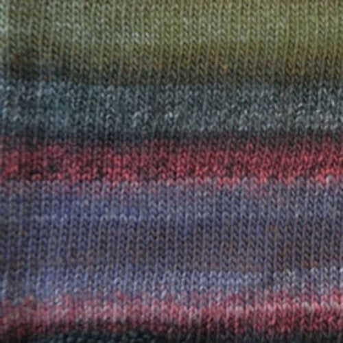 A photo of a gray, pink, and blue yarn sample