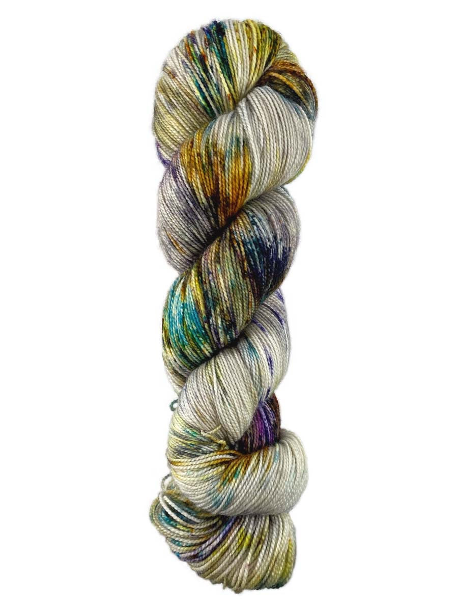 A colorful skein of Western Sky Knits Aspen Sock yarn
