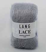 A photo of a silver skein of Lang Lace yarn.