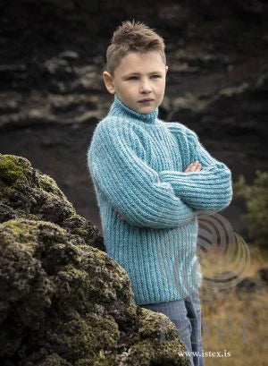 Boy in a light blue Lopi sweater
