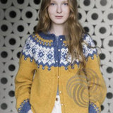 Woman in a yellow, white, and blue Lopi sweater