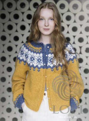 Woman in a yellow, white, and blue Lopi sweater