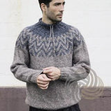 Man in a gray and blue Lopi sweater