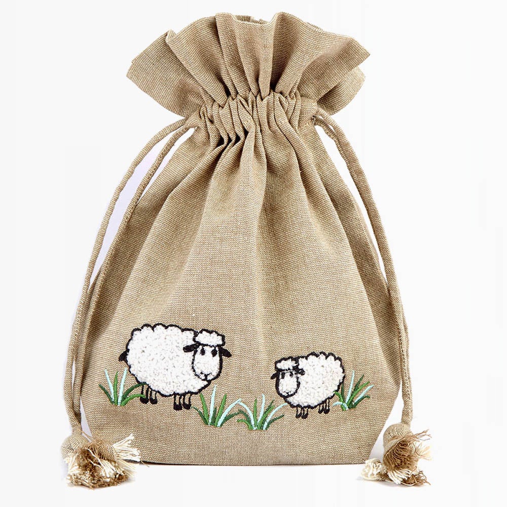 Lantern Moon Meadow Drawstring Bag color natural canvas white sheep