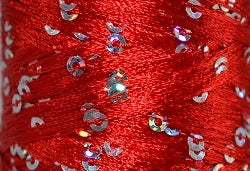 A close-up photo of SWTC String Me Along red colored sequined thread